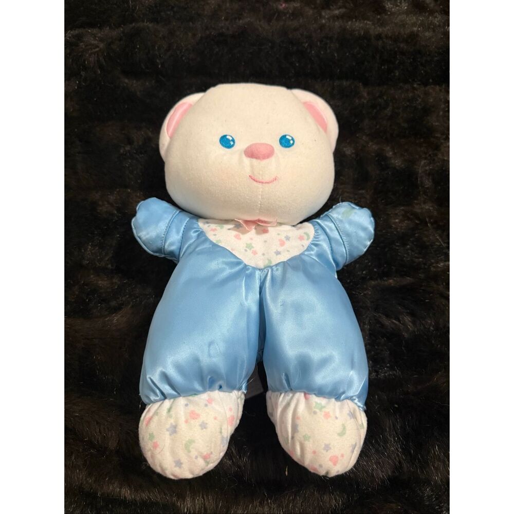 Vtg 1992 Fisher Price Blue Satin Teddy Bear Plush Stuffed Animal